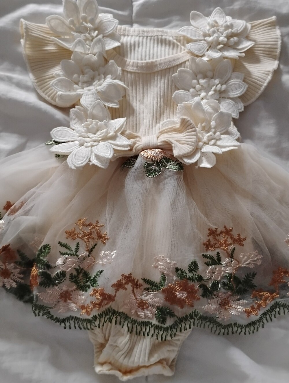 Amazon Cream Floral Embroidered Tulle Dress with Green and Gold Accents
